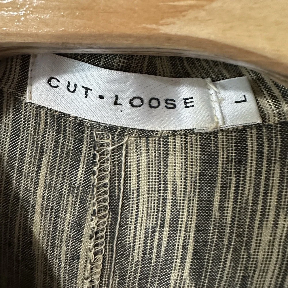 Cut Loose Oversized Boxy Linen Button Up Lagenlook Size Large Beige‎ Gray Stripe